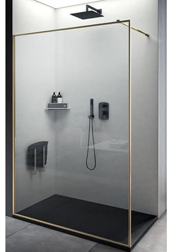 IMPALLI Box Doccia Walk In H200 Cm Estensibile 108,5-109,5 Cm Parete Fissa Open Space Braccio Sostegno Box Doccia Cristallo Temperato 6 Mm Trasparente Profili Alluminio (ORO SPAZZOLATO 110)