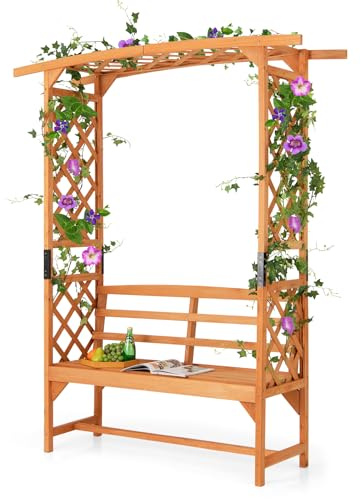 GYMAX Arco da Giardino con Panchina a 2 Posti, Pergola con Traliccio e Pali Laterali per Piante Rampicanti, Arco per Matrimonio, Festa e Decorazione del Giardino (160 x 50 x 199 cm)