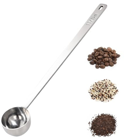 Doosu Cucchiaio dosatore per caffè, cucchiaio dosatore per caffè in acciaio inossidabile 18/8, manico extra lungo da 25,1 cm, per chicchi di caffè macinato, espresso (15ml, Argento)