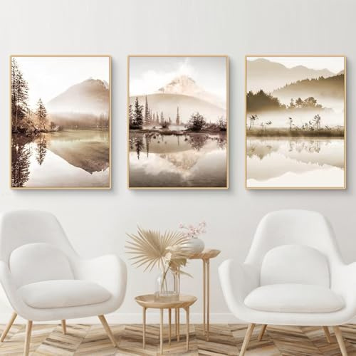 Ueiwffzo 3er Premium Poster Set, Beige Wald Landschaft Bilder, Moderne Natur Landschaft Leinwand Bilder für Büro Schlafzimmer Wohnzimmer Deko, Ohne Rahmen (A,40x50cm)