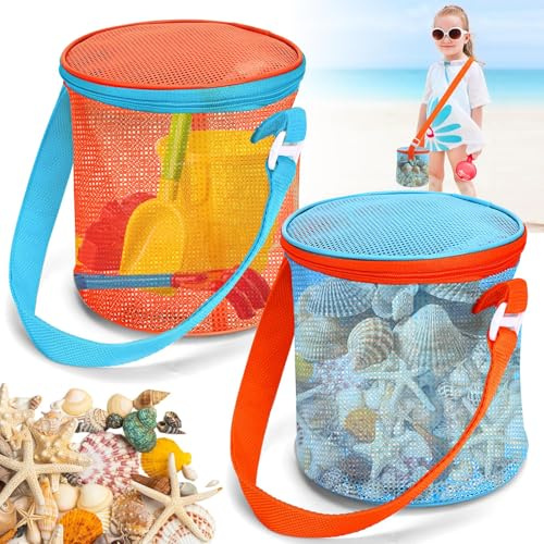 Strandtasche Kinder, 2 PCS Muschel-Mesh-Tasche Kinder, Eimer-Netztasche, Tasche Sandspielzeug Netz, Strandspielzeug Zylinder-Muscheltasche, für Strandurlaub im Freien