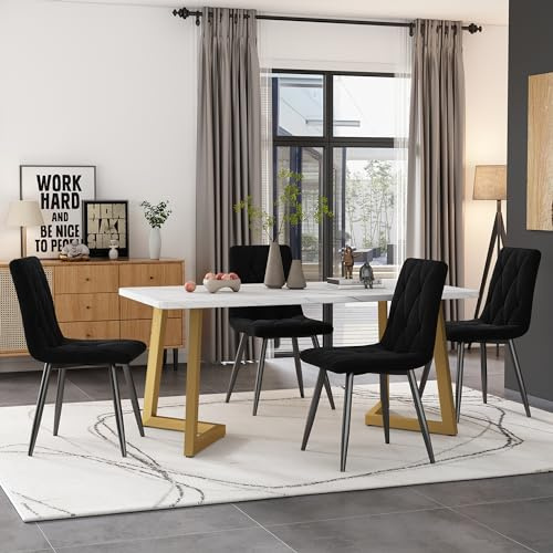 Oslghy Juego de Comedor Mesa y 4 Sillas, Juego de Mesa y Sillas Comedor 5 Piezas, 117x68x75 cm Rectangular Moderna Dining Table and Chair Set, Terciopelo Silla de Cocina (Negro+Dorado)