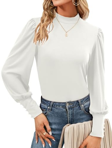 Tisfeer Damen Bluse Langarm Rollkragen Tops Elegant Damenbluse Locker Casual Oberteile Basic Puffärmel Shirt Tunika (M,Weiß)