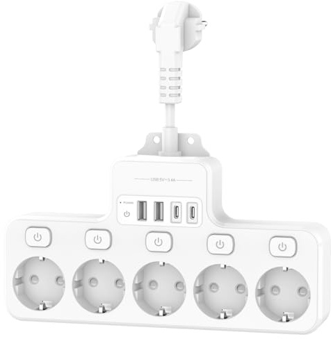 9 en 1 Multiprise USB 5 Prises avec 4 Ports USB Chargeur de Voyage Multi Prise Multiple Electrique 4000W 16A avec 5 Interrupteur Individuel Multiple pour Maison, Bureau-Blanc