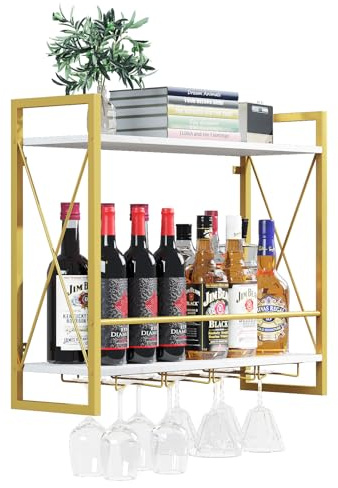 Dokser Wine Rack Wall Mounted 2 Tier Shelf Wine Bottle Holder for Kitchen | Gold 2 Tier Wall Wine Rack with Rustic Wood & Industrial Iron Frame, Wine Bottle Holder for Dining Room, Home Bar Decor