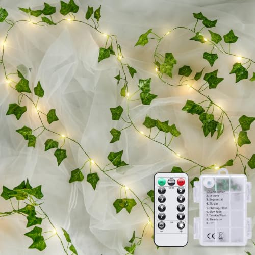 JMEXSUSS Vine with Fairy Lights Battery Operated, 33ft 100 LED Room Decor | Leaf Lights, Ivy Vines with Fairy Lights Leaf for Room Party Home Kitchen Garden Office Wedding Wall Decor