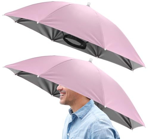 TIXIPEM Lot de 2 chapeaux parapluie de 66 cm - Mains libres pliables - Pour la pêche, le jardinage, le golf, le camping et la randonnée - Rose - Dessus adhésif noir