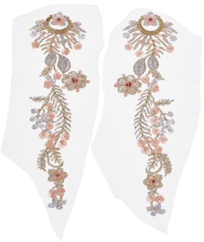 FINGERINSPIRE 2 Pz Patch Ricamate con Perline e Paillettes 37x12cm Applicazioni Ricamate con Fiori in Poliestere Applicazioni Floreali Color Pesca con Perline per Abiti da Sposa per Abiti da Sposa