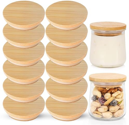 Storeazy 12 Pack Bamboo Lids for Gü Pots with Silicone Seal - Reusable Airtight Wooden Jar Covers for Glass Dessert Storage Jars Food Preservation Kitchen Organisation