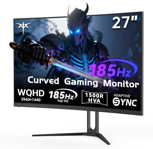 KTC Écran Gamer 27 Pouces Incurvé QHD (2560×1440), 2K@180Hz (185Hz OC), Panneau HVA avec 1 ms GtG, 4000:1 Contraste, Adaptive Sync, HDR10, 2×HDMI 2.0, 2×DP 1.4, VESA 100×100mm