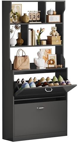 IRONCK Schuhschrank mit 2 Klappen, Schuhkipper Schmal, Schuhregal offenes Fach, Hohe Schuhaufbewahrung Holz Schuhkommode mit verstellbaren Trennwände für Flur Eingang Wohnzimmer, 24x80x165cm, Schwarz
