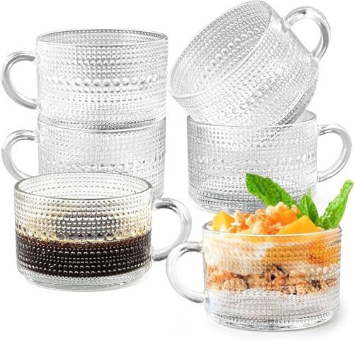 JTKDG 6 Stück Vintage-Glas-Kaffeetassen, 450 ml, klare geprägte Glas-Teetassen, stapelbare Glas-Kaffeebecher mit Henkel für Cappuccino, Latte, Espresso, Müsli, Joghurt und Getränke