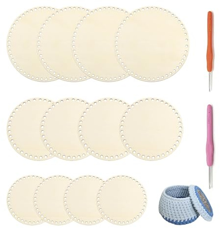 SMYJDMM Korbboden zum Häkeln, 12 Stück Gehäkelter Korbboden, Naturholzkorbboden mit 2 Häkelnadeln Perfekt für DIY Bastelprojekte Häkelkörbe Und Heimdekoration (10/15/ 20 cm)