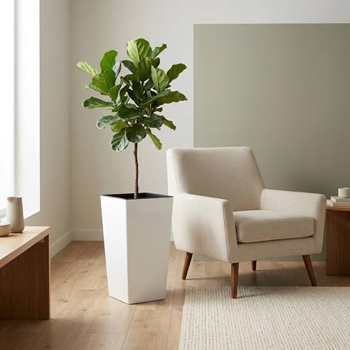 Maceteros Altos para Flores CON Cubeta Interior, Maceta Grande de Exterior/Interior, Plástico mate, para Terraza, Jardín o Salón, resistente UV, 55 Alto x (29,5x29,5) cm, color Blanco