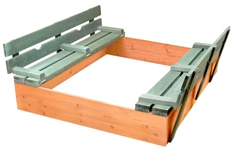 Badger Basket Wooden Sandbox with Lid & Benches - Large Outdoor Sandbox for Kids Made of Cedar - Foldable Cover, Seating & Backyard Playset - Natural/Green