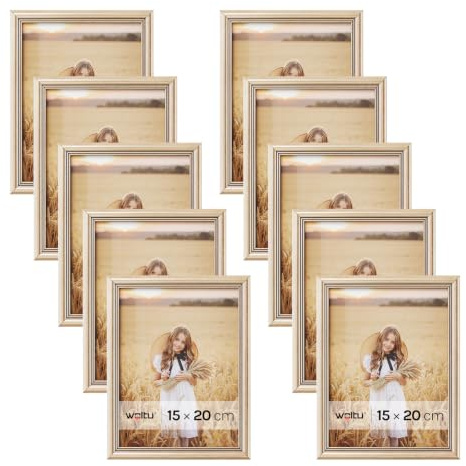 WOLTU Bilderrahmen 15x20, 10er set, Massivholz Fotorahmen mit Passepartout | Gold, Front aus PS-Platte, Posterrahmen zum vertikalen oder horizontalen Aufhängen und Aufstellen, Collage Wanddeko