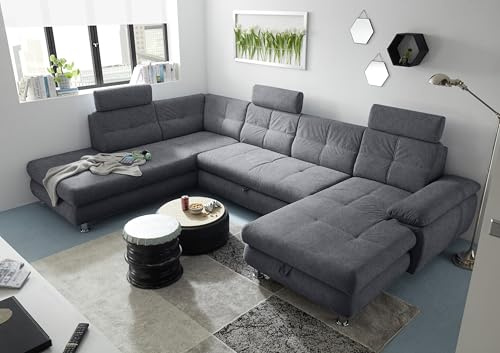 Stella Trading ALBA Wohnlandschaft in U-Form, Stoffbezug Anthrazit - Ausziehbares Sofa mit Schlaffunktion & Bettkasten - 349 x 88 x 233 cm (B/H/T)