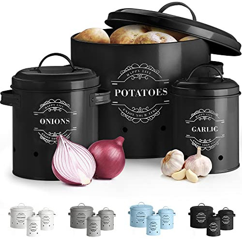 Virklyee Paniers Ail Pot à Oignon en Métal Set of 3-Pot de pomme de terre, d'oignon, d'ail, Pots et bocaux de conservation Rangement en métal Conception aérée pour un rangement facile (Noir)