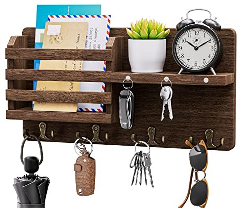 SWTYMIKI Schlüsselbrett mit Magnet Hängend - Schlüsselhalter Holz mit 4 Doppel Schlüsselhaken, Dekorative Schlüsselkasten mit Ablage Holz für Eingang, Mudroom, Flur, Schlafzimmer, Wohnzimmer, Braun