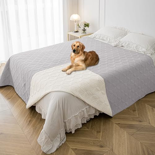 Tuffeel Wasserdichte Hundedecke, 208,3 x 259,1 cm, Haustier-Couchbezüge für Sofa, Bettmöbel, Schutz vor Hunden, waschbar und wendbar, Hellgrau + Creme