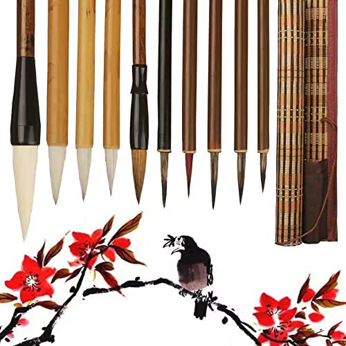 XCSJ 10 Pcs Kalligraphie Sumi Pinsel, Chinesische Pinsel-Set, mit Pinseltasche, Professionelle Kalligraphie Kunst Malerei Liefert Sumi Zeichenpinsel Für Anfänger, Studenten, Künstler
