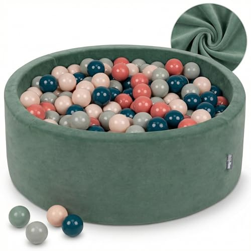 KiddyMoon Velours Bällebad Rund für Babys 90x30 mit 200 Bälle 7cm Ballgruben Sensorik Spielzeug Waldgrün - Dunkeltürkis Pastellbeige Grüngrau Lachsfarben