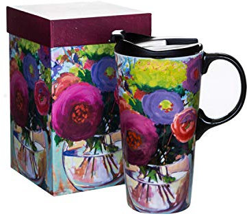 DUSVALLY Ceramic Mug Coffee Mug Ceramic Travel Cup with Lid and Handle,17oz.Colorful Flowers
