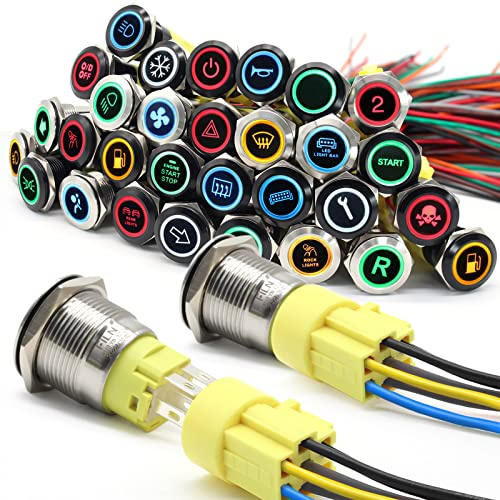 FILN 2pezzi 19MM Pulsante Interruttore 185 Simboli 12V LED Impermeabile Momentaneo autobloccante Metallo Marino Auto Pulsante Interruttori(Acciaio inox-Momentaneo,gialloblu-2)