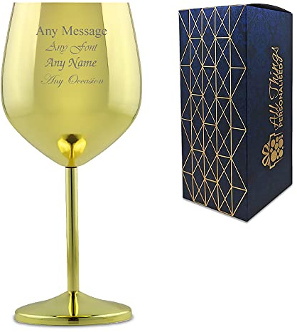 Personalised Engraved Metal Gold Wine Glass, Personalise with Any Message for Any Occasion, Stylize with a Variety of Fonts, Gift Box Included, Laser Engraved