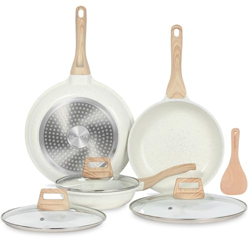 ESLITE LIFE Nonstick Ceramic Frying Pans Skillets Set with Lids, Non-Toxic Egg Omelette Kitchen Cooking Pans Compatible with All Stovetops (Gas, Electric & Induction), PTFE & PFOA Free (White)
