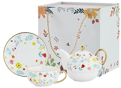 Service à thé anglais en céramique à pot unique, cafetière mère et enfant pour bureau, maison, restaurant, café, salon de thé - Fleur rose bleue romantique dorée
