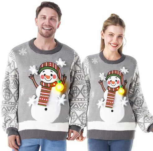 JOYIN Pull de Noël moche en forme de bonhomme de neige pour adultes, pull de Noël LED lumineux, ampoules intégrées, pull innovant pour femmes et hommes, plaisir festif, gris, M