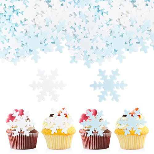 GoldRock 50 Stück Schneeflocken Esspapier Tortendeko, 2 Farben Snowflake Essbare Tortendeko, Frozen Kuchen Deko, Schneeflocken Kuchendeko Essbar, Muffin Deko Torte für Geburtstag,Hochzeit, Weihnachten