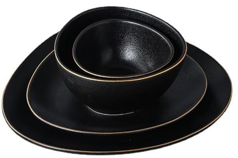 4-Piece Black Matte Textured Frosted Black Soup Bowl Dinnerware Set, Triangle Western Style Steak Plate,Cooking Salad Bowl,Italian Pasta Plate,Black
