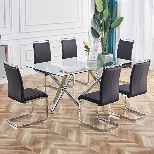 KUAKE Freischwinger Schwingstuhl 4er Set, Esszimmerstühle mit PU Kunstleder und hoher Rückenlehne, verchromtes Metallgestell, Moderner Küchenstuhl, Polsterstuhl für Wohnzimmer Konferenzraum (Schwarz)