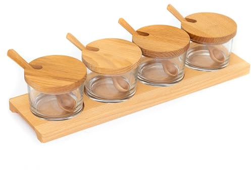 Holzfee Dip Gläser Konfitüren Marmeladen-Bar Gewürzbord Gewürzgläser Zuckerdose Holz Buche mit 4 x Glas 150 ml + Deckel +Löffel