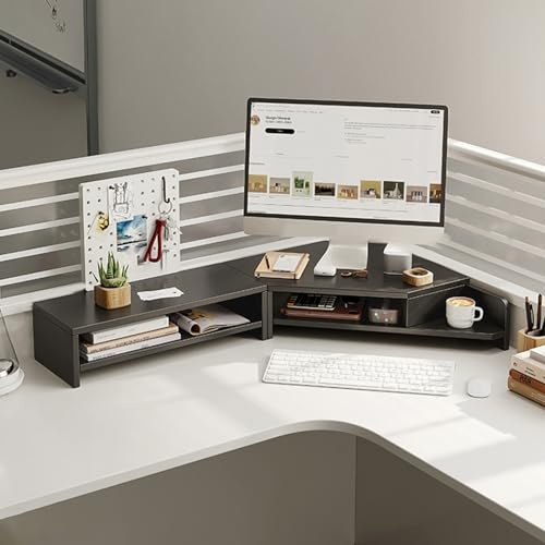 YANBI Eck MonitorstäNder 2 Bildschirm-Monitorerhöhung für Eckschreibtisch, Dual-Monitor-Ständer, Büro-Tisch-Organizer, Lagerregal, Ergonomischer Monitorständer Aus Holz mit 2 Ablagen (Color : Black)