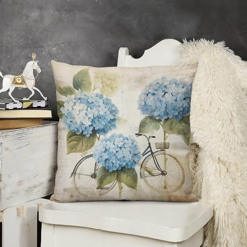 HighonHi Blue Bike Vintage Hydrangea Velvet Couch Pillow Cases 22 x22 Watercolor Blue Bike Bicycle Flowers Butterflies Outdoor Pillows for Patio Furniture for Bed Living Room