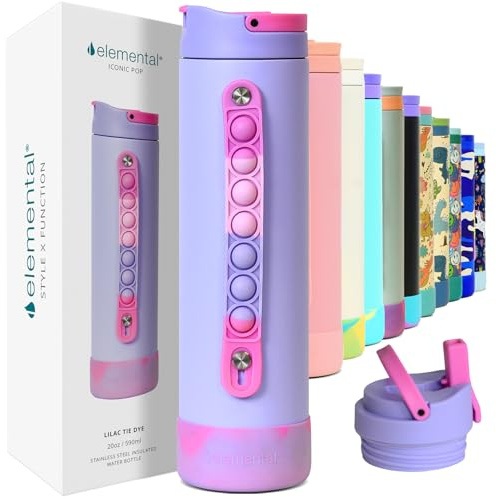 Elemental Iconic 591ml Triple-Wall Insulated Water Bottle with Straw – Sports-Lid & Pop Fidget Handle – Leakproof Stainless Steel Sports Water Bottle for Hot & Cold Drinks – Lilac Tie Dye