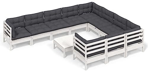 Makastle 11-TLG. Gartenmöbel Set, Gartensofa mit Kissen & Tisch, Outdoor Lounge Sofa Balkonmöbel Terrassenmöbel Gartengarnitur Sitzgruppe für Terrasse und Balkon, Weiß Kiefernholz
