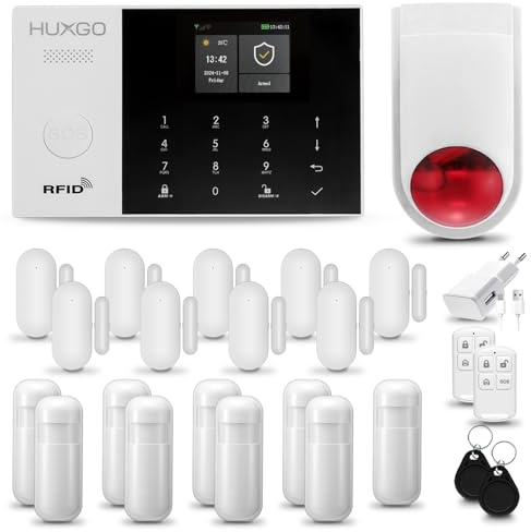 HUXGO® HXA005 Alarmanlage Haus WiFi + GSM mit Funk Sirene | Alarmanlage Wohnung mit App. TUYA | Alarm System mit 9X Bewegungsmelder, 9X Tür- Fenstersensor| Wohnmobil Alarmanlage