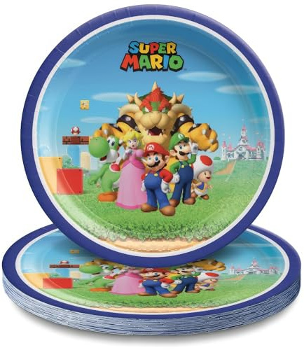 amscan Piatti di carta rotondi multicolore Super Mario Brothers (17,8 cm), confezione da 8, vivaci stoviglie per feste, compleanni, feste ed eventi
