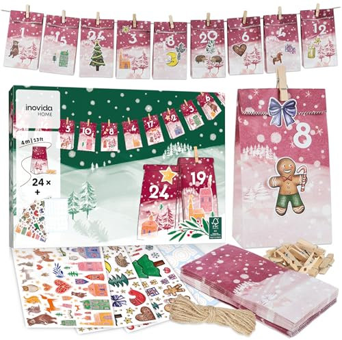 Adventskalender zum Befüllen Kinder und Erwachsene : Adventskalender 2025 DIY – Papiertüten Advents-Kalender Selber Basteln – Bedruckter Papier Weihnachtskalender zum Befüllen – von Inovida
