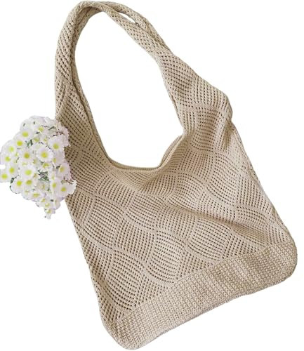 Bikasun Strandtasche Damen Häkeltasche für den Sommer, Umhängetasche Netz-Stricktasche Schultertasche Tasche Shopper Tote Bag Einkaufstasche Handtasche für Reisen Arbeit Schule, Braun