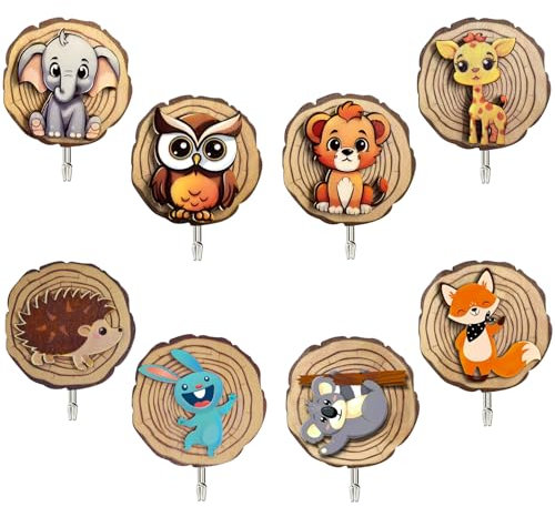 mauepersu 8 unidades de percheros infantiles autoadhesivos de madera en forma de animal, ganchos para ropa para niños, para baño, baño, cocina, oficina, toallas gorras