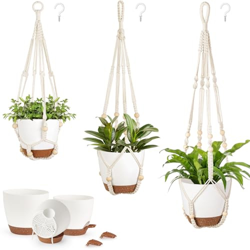Mkono 3 Pack Hanging Planters for Indoor Plants with Self Watering, Outdoor Hanging Plant Pots with 35/29/23 Macrame Plant Hangers, Hanging Baskets for Garden Home Decor