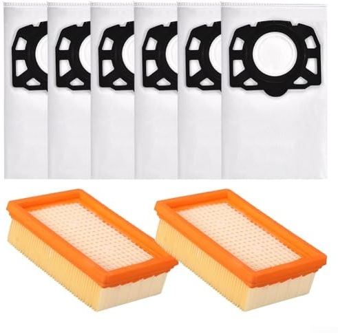 Donkivvy Vacuum Cleaner Bags & Flat Pleated Fit for Kärcher WD4 WD5 WD6 MV4 MV5 MV6 WD5P WD6P KFI 4410 KFI 487 Wet & Dry Vacuum Cleaners (6 Bags + 2 HEPA)