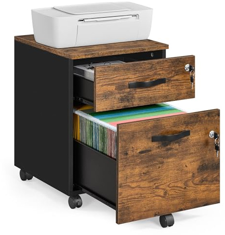 VASAGLE Rollcontainer abschließbar, Aktenschrank 2 Schubladen | 5 Rollen, verstellbare Hängestangen, für Hängeregistratur A4-, Letter-Format, Rustikales Braun, CUSTOS Kollektion LCD022K01