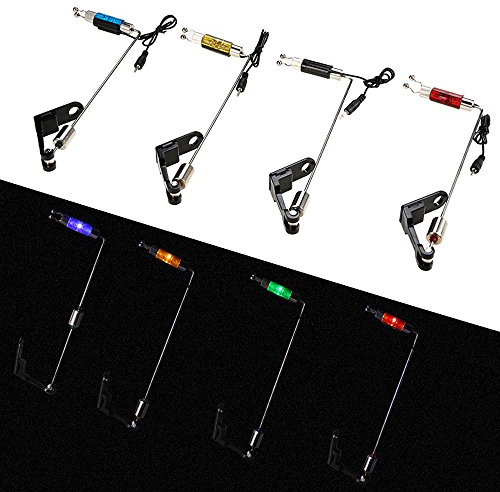 Kavolet 4 Stück Angel-Bissanzeiger aus Eisen, Swinger, LED-beleuchtete Anzeige, Rot, Gelb, Blau, Grün, Verstellbarer Clip, mit Gewichtseisen für Angler