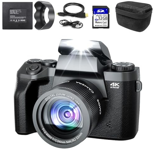 Fine Life Pro Digitalkamera 4K 64MP Fotokamera mit 4.0 Touchscreen, 16X Digitalzoom Kompaktkamera ，Mit für Anfänger, mit Kameratasche, Haube, 32GB TFKarte (Einzelobjektiv)